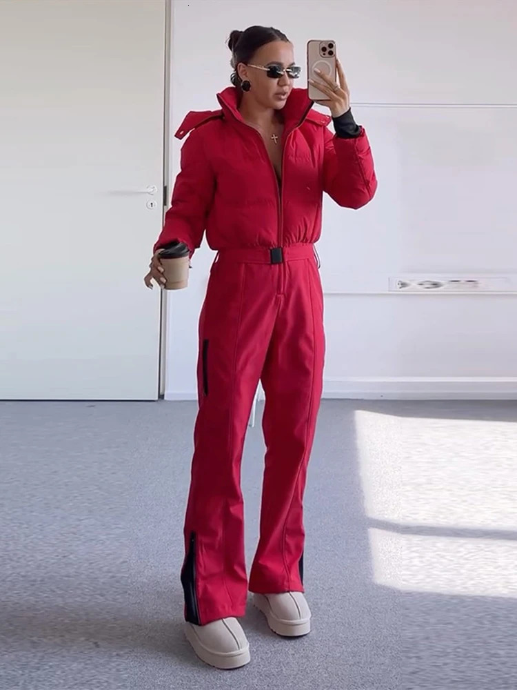 Fashion Solid Women's Ski Jumpsuit Hooded Zip Long Sleeves Flared Pant Loose Jumpsuits Chic 2026 Winter Outdoor Sports Wear 261015