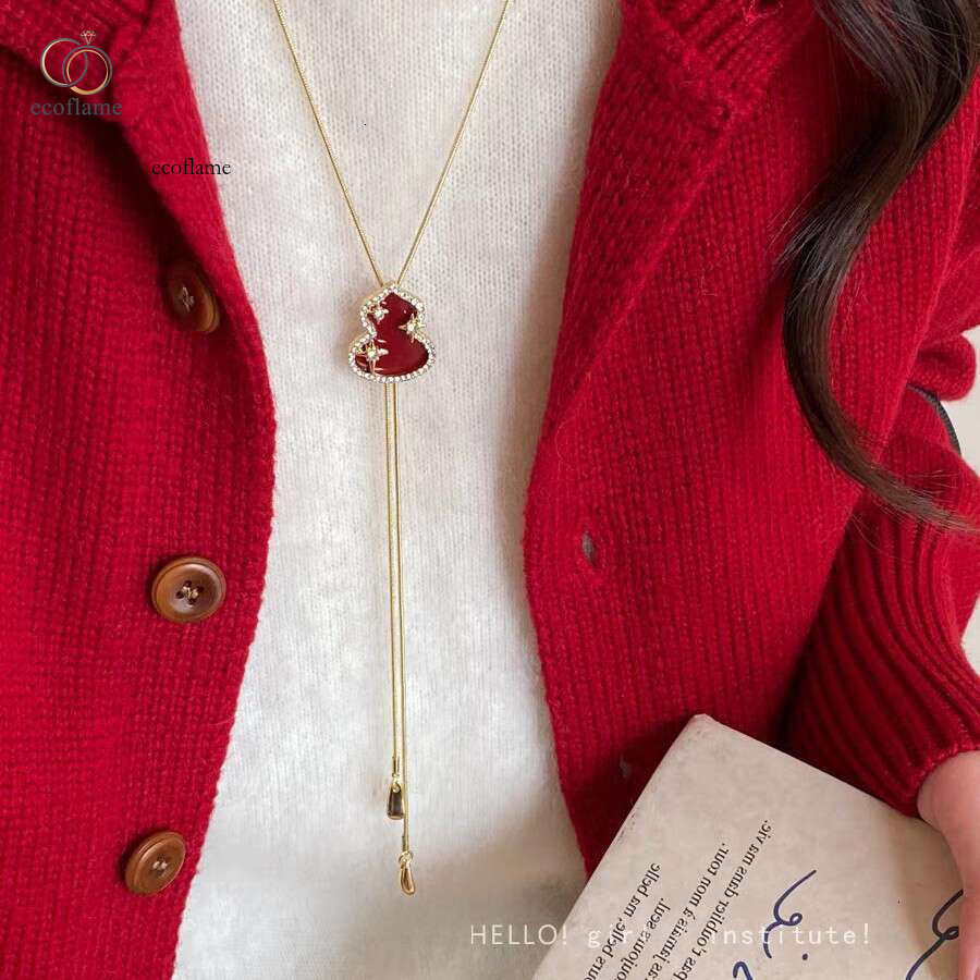 Vintage Ancora Red Gourd Tassel Pendant Necklace for Women, High-End Elegant Long Sweater Chain Accessory