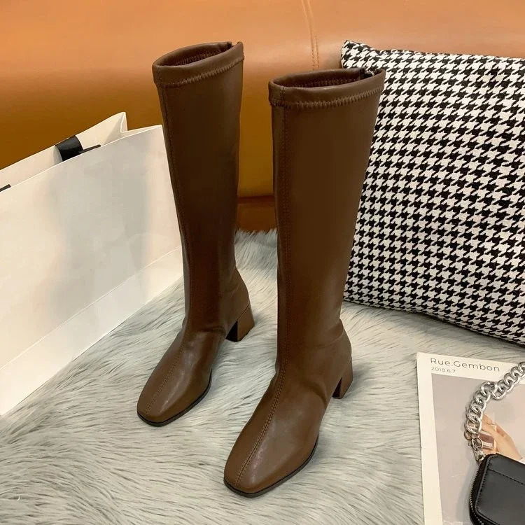 Fashion Women Black Block High Heels Long Boots Winter Warm Knee High Boots Soft Leather Thigh High Boots Shoes 261016