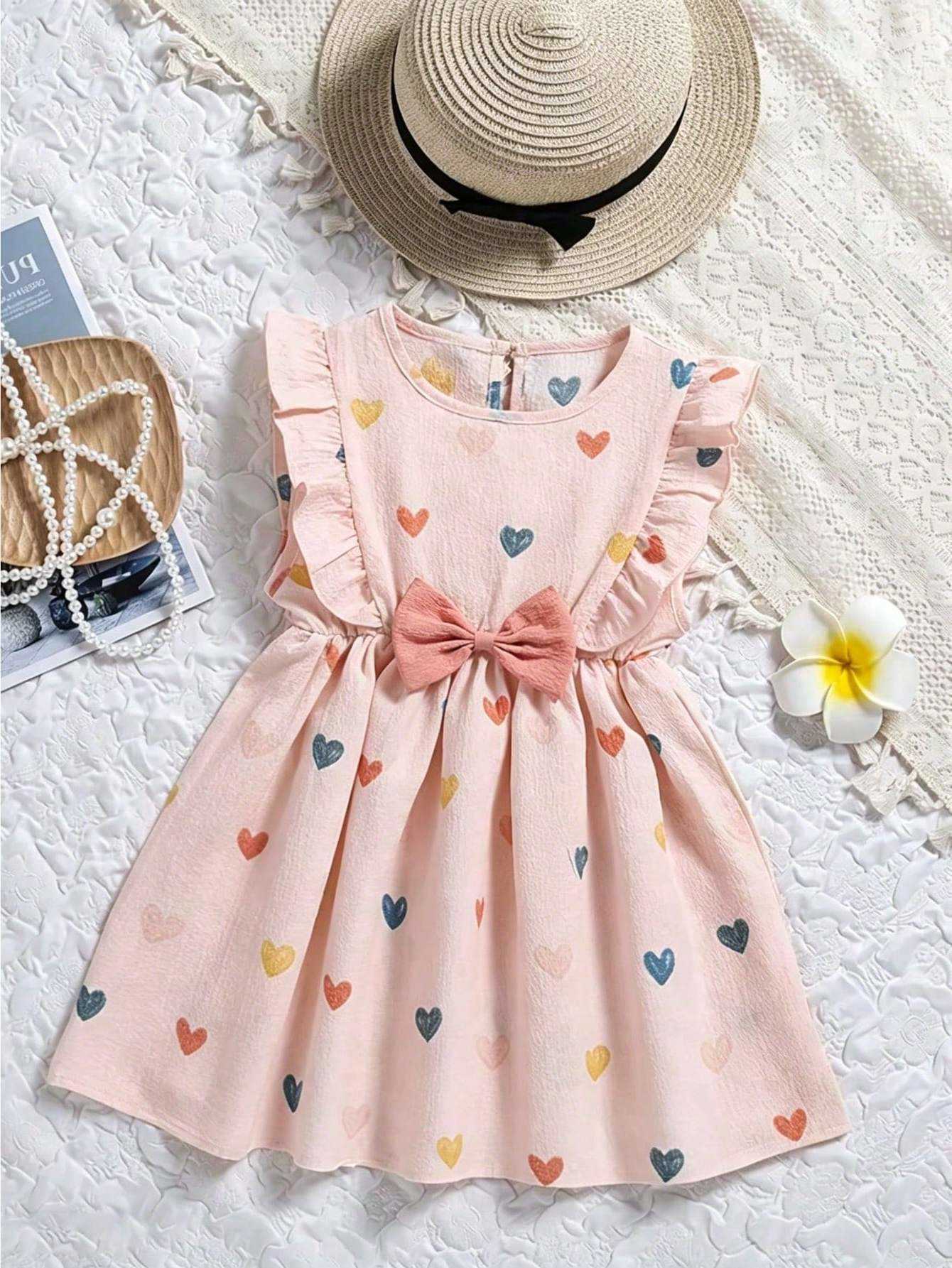 Ruled Children's round Neck Sleeveless Heart-Printed Top with Butterfly Bow Loose Dress Long Skirt for Girls S261016ZF0G