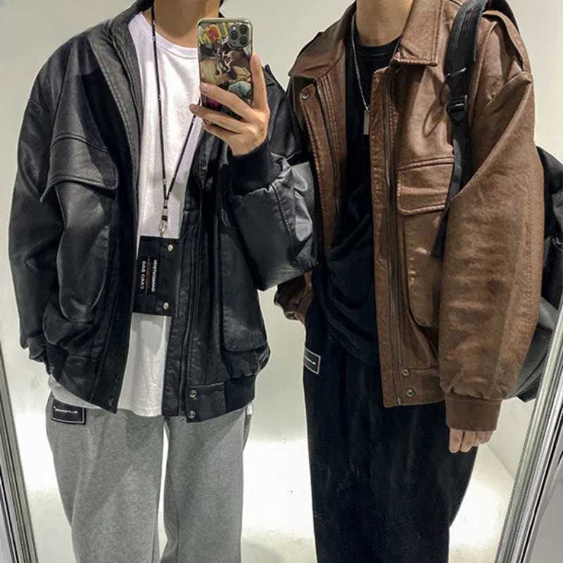 Winter Autumn Men's Distressed Jackets Retro Pu Leather Jacket Couple Casual Loose High Street Jackets Men Tops Overcoat Male Clothes N261016