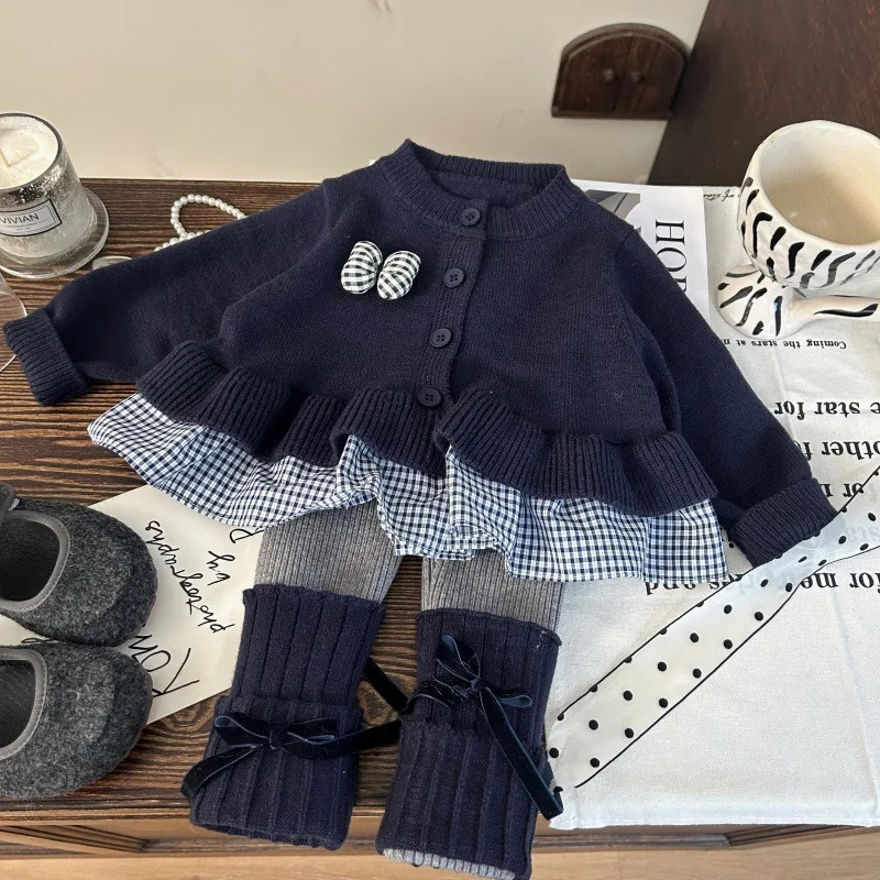 Suit Autumn Childrens Clothing Korean Girl Baby College Style Sweater Cardigan Bow Pile Socks Leggings Two-piece Set 261015