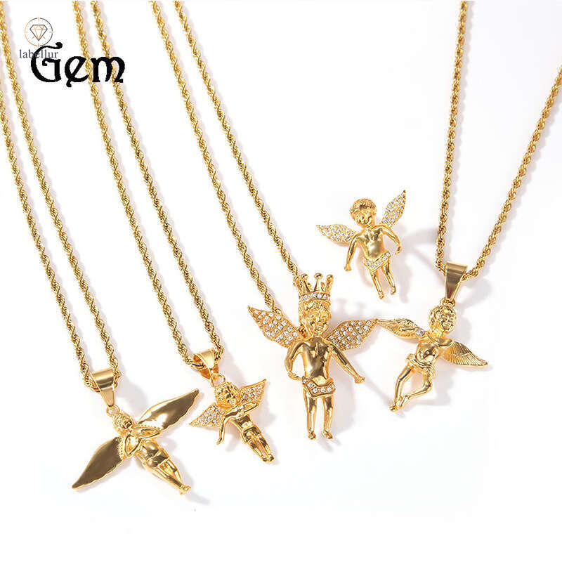 Classic Retro Angel with Inlaid Diamonds for Men and Women Trendy Street Style Hip Hop 925 Sterling Silver 14K Gold Pendant Necklace 9
