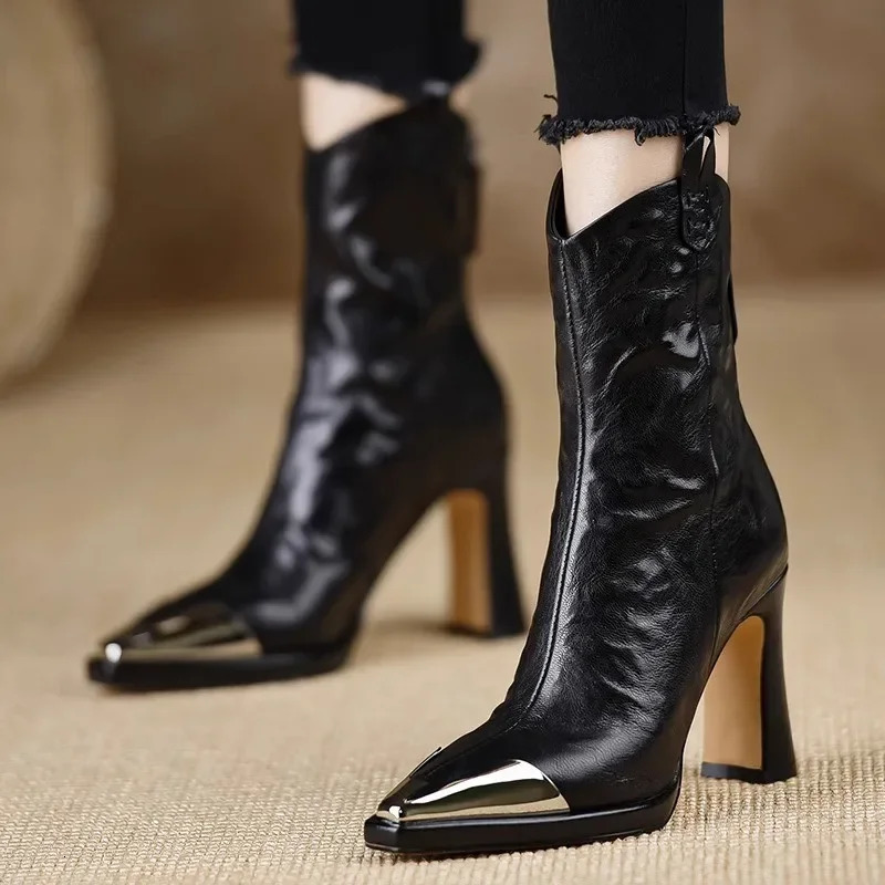 Metal Square Toe Ankle Boots for Women Fashion Patent Leather Women's Shoes Botas Mujer High Heels Shoes Women Zapatos 261016