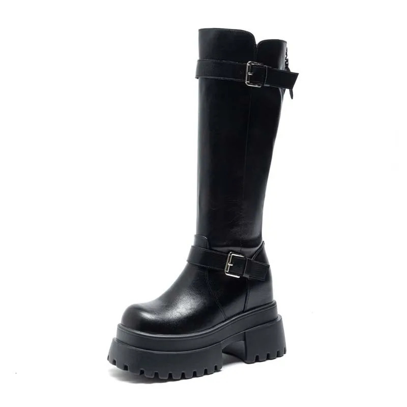Fujin 4 Inch 10cm Knee High Boots Genuine Leather Zip Comfortable Platform Wedge Heel Booties Sexy Motorcycle Casual Shoes 261016