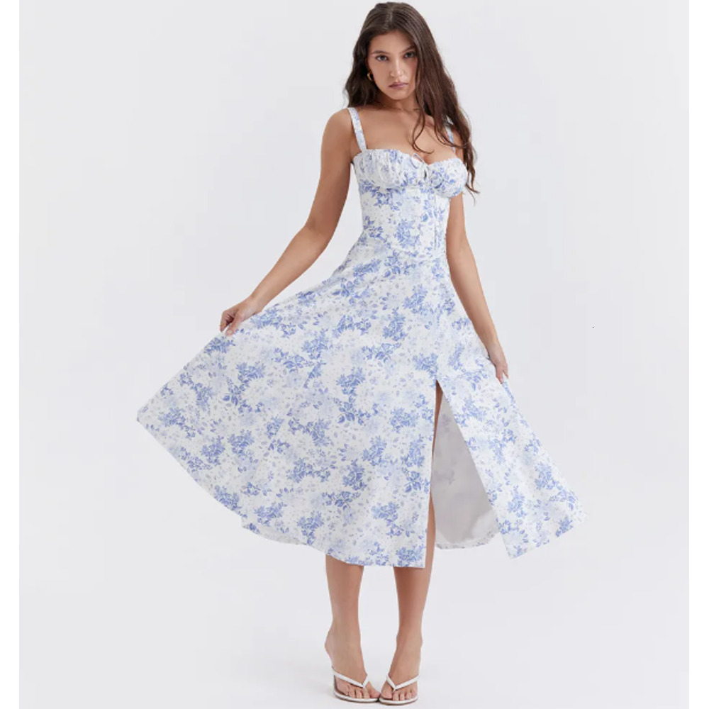 House Of Cb Long Dress Casual Fashion Corset Split Skirt Bow Tie Chest Frill Details Printed Dresses Back Lace Up Robe Clothing Womens Summer A8b