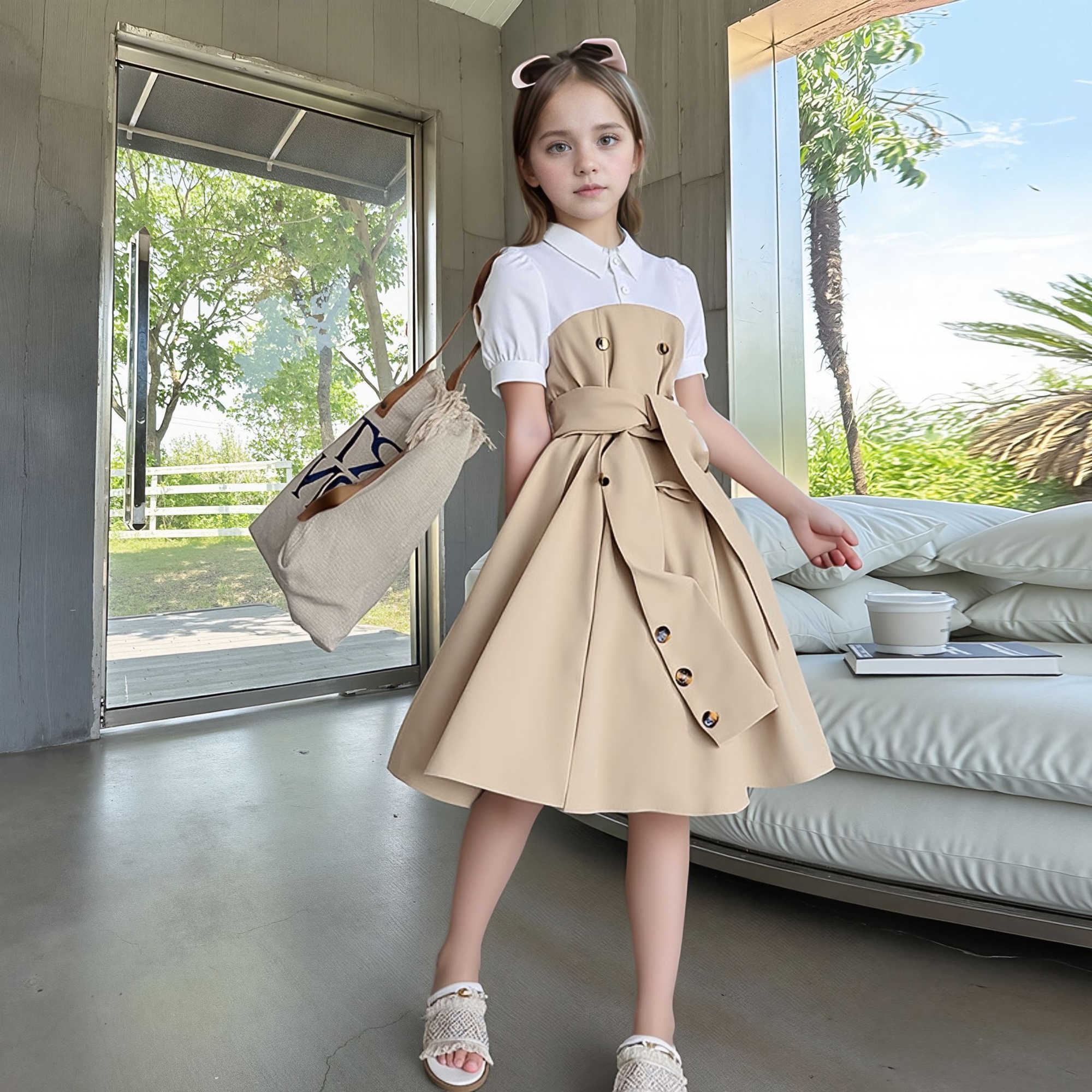 Khaki New Girl Dress Summer Casual Vation Children Dresses Fashion Elegant Retro British Girls Party Dress 7 8 9 10 11 12 Yrs S261016740H