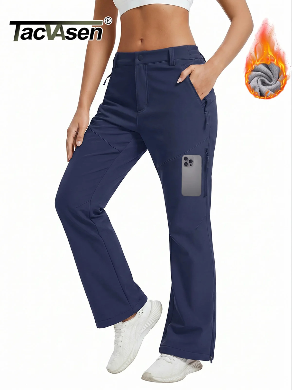 TACVASEN Women's Fleece Lined Flare Pants Waterproof Insulated Snow Ski Pants Warm Outdoor Winter Hiking Pockets Softshell Pants 261015