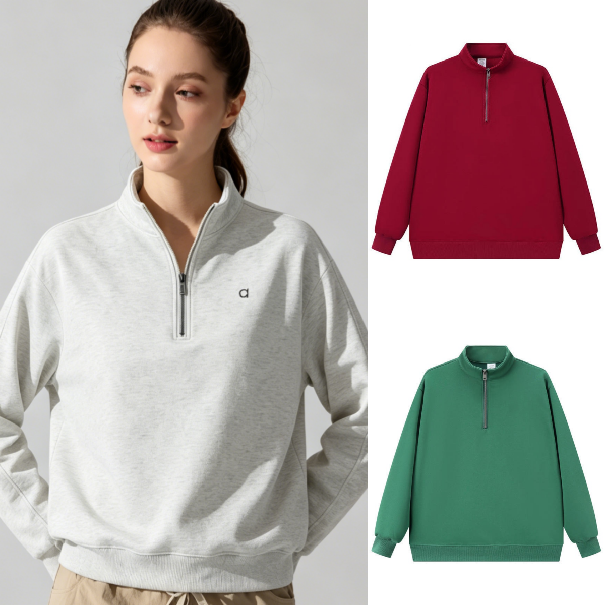 2164AO Sweat à capuche unisexe 3D argenté avec col montant et demi-zip pour femme, léger et décontracté, léger et polyvalent, coupe ample
