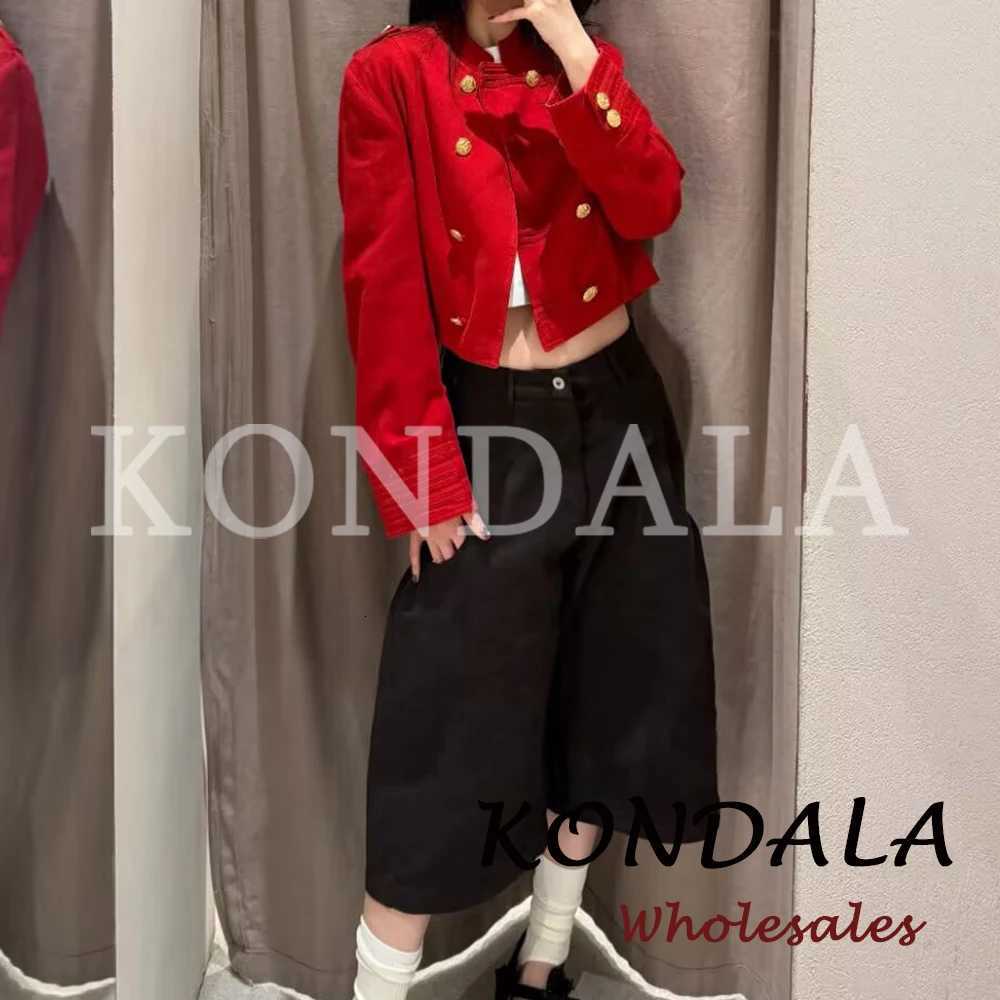 Streetwear Men's Jackets KONDALA Vintage Solid Spring Women Jacket Red Fashion 2026 Double Breasted High Street Chic Female Short Outwears N261