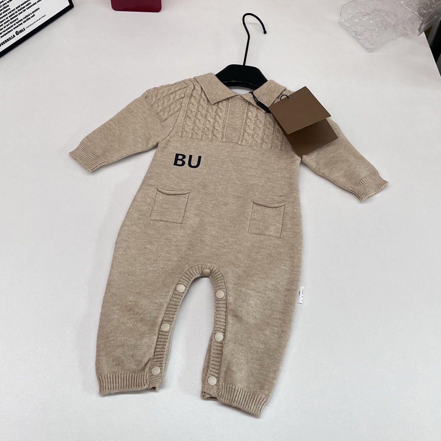 Toddler Baby Designer Knit Romper Newborn Collared Cable Knit Long Sleeve Jumpsuit Infant Solid Color Snap Crotch Knitted Bodysuit Size 59-100CM