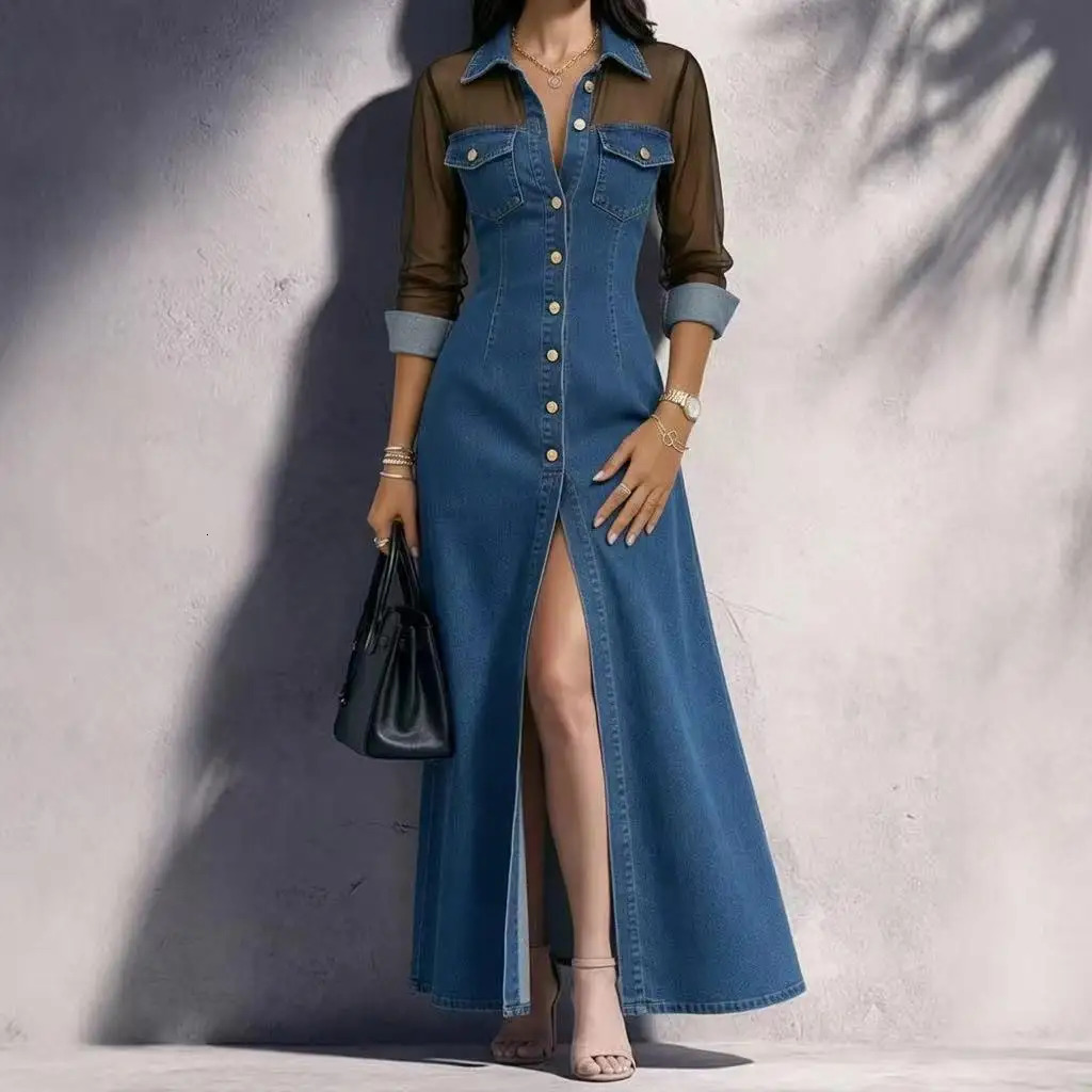 Women Elegant Sheer Mesh Patchwork Faux Denim Maxi Shirt Dress Lapel Collar Long Sleeve Single Breasted Front High Split Waist C 261015