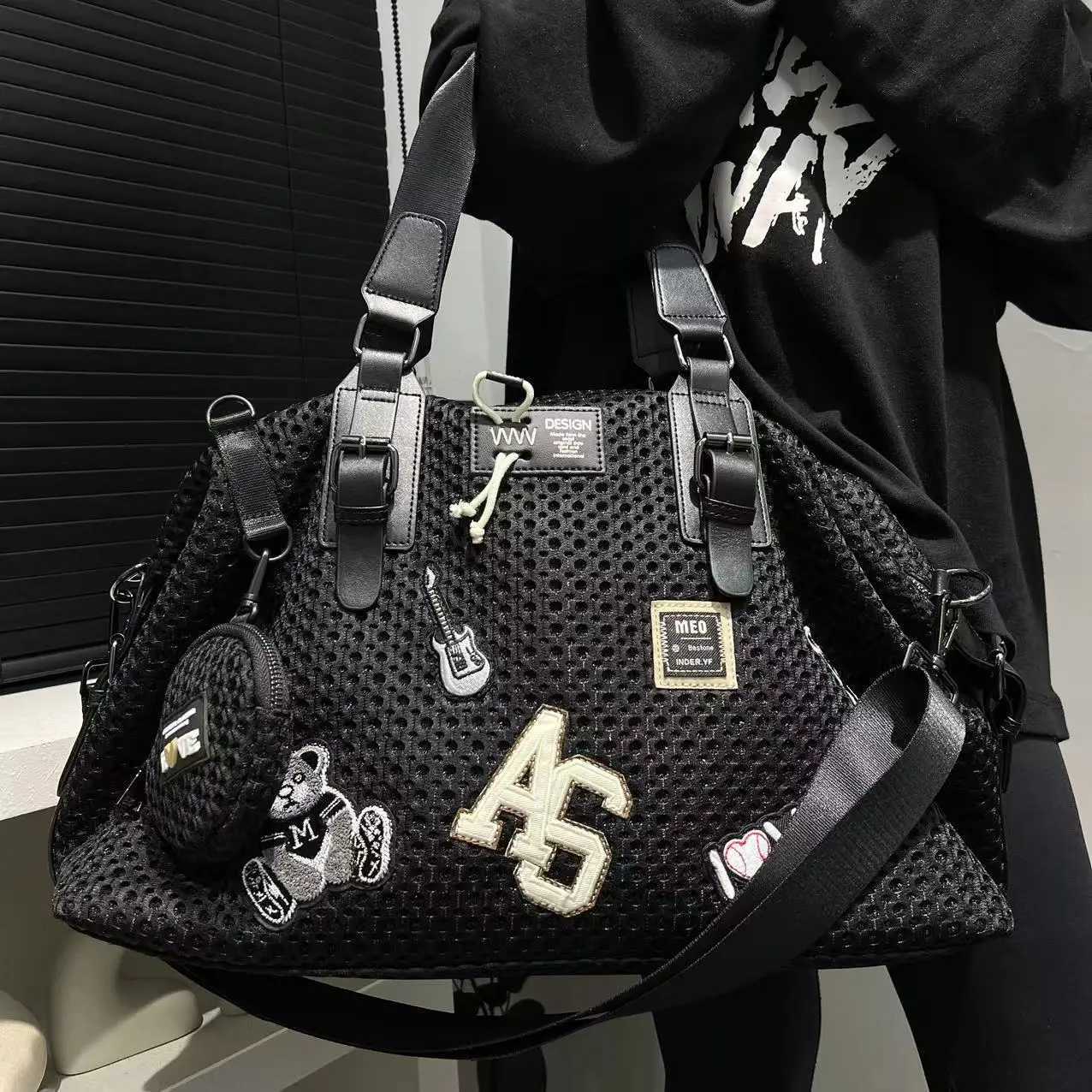 Shoulder Bags Fashionable women's mesh nylon adhesive tote bag large capacity splicing shoulder bag short distance travel casual handbag H26101