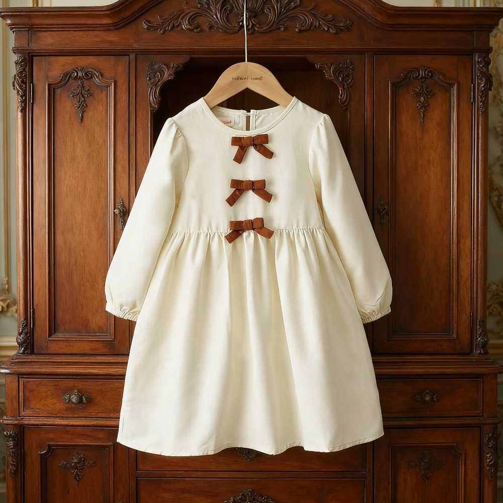 Girls Beige Casual Dresses Autumn Long Sleeved Bow Decoration Princess Dress Fashionable and Simple Children's Casual Wear S261016JW97