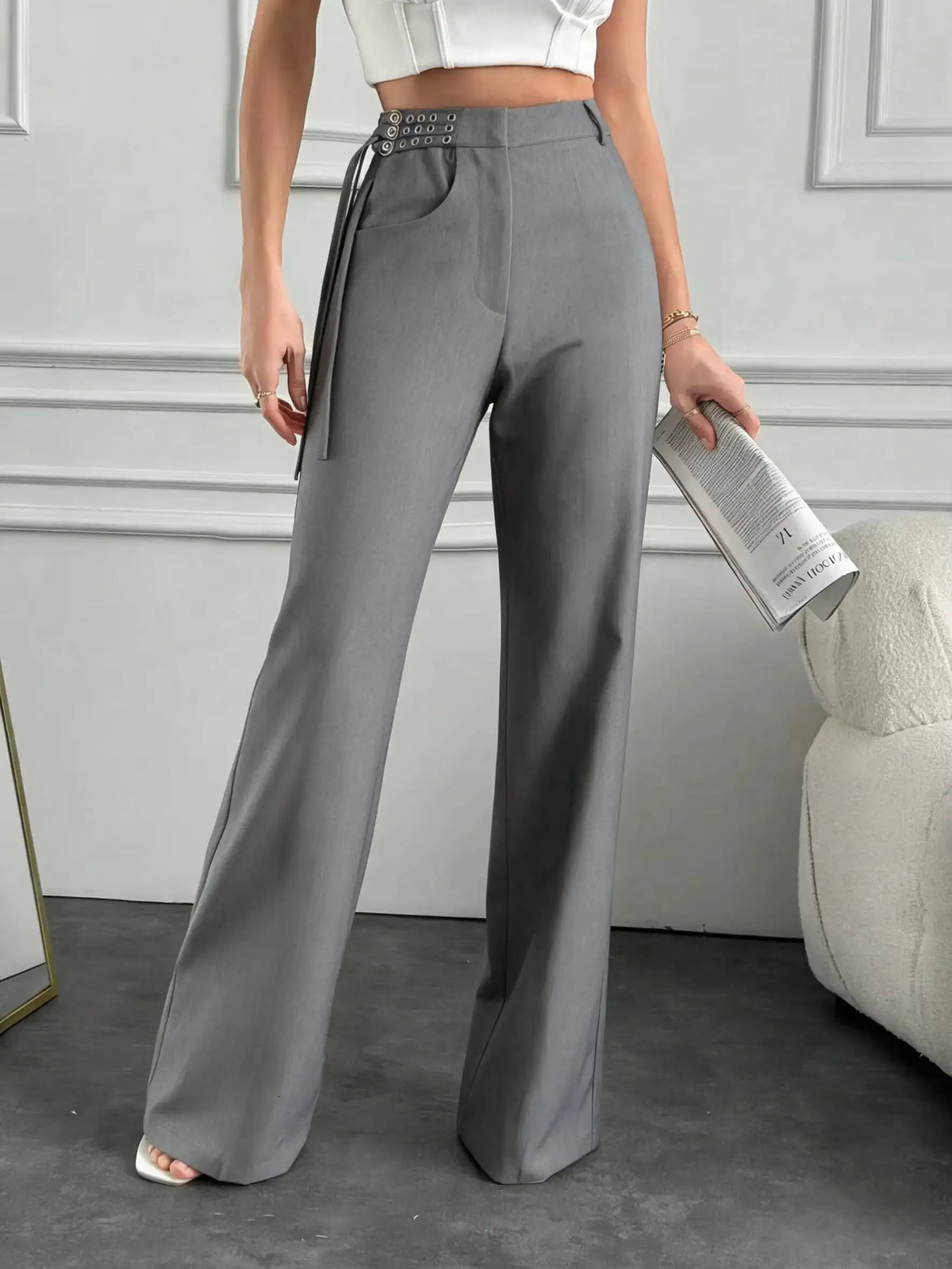 Women's Gray Wide Leg Suit Pants High Waist Metal Eyelet Belt Trousers Spring Summer Office Commute Casual Slimming Length 261015