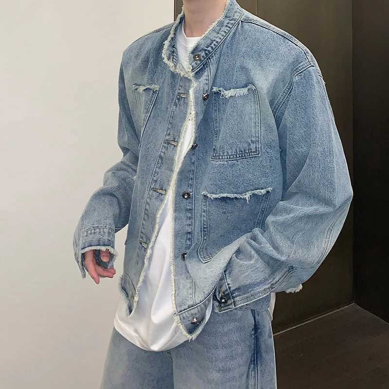 Jackets New High Street Men's Men's Denim Jackets Casual Washed Streetwear Ripped Stand Collar Texture Korean Harajuku Retro Long Sleeve C