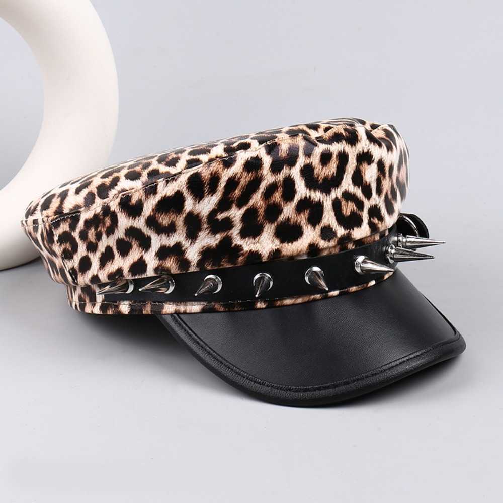 Hip-hop Retro Rivet Leopard Hat Punk Harajuku Y2k Beret Hat Pu Leather Black Flat Top Cap for Women S261016RRHI