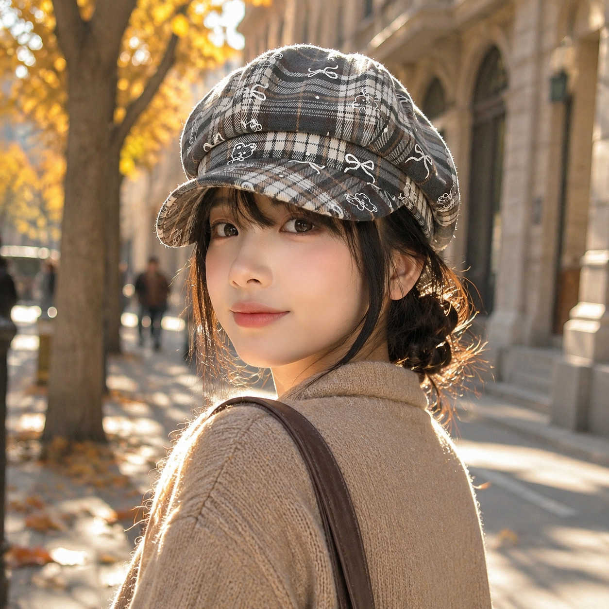 Plaid Vintage Womens Newsboy Cap Octagonal Beret Hat with Bowknot Adjustable Baker Boy for Autumn Winter Commute Travel Girls S261016NTPD