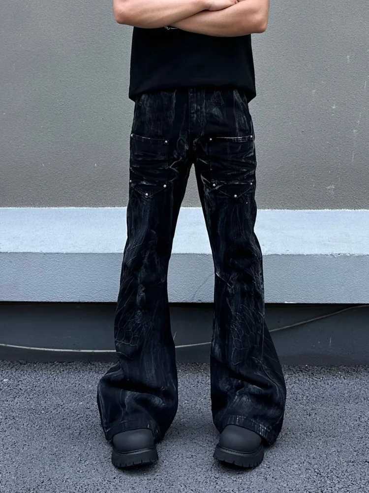 Men's Jeans 2026 American Retro Y2K Style Wing Embroidery Washed Black Baggy Flared Jeans Pants For Men Clothing Long Trousers Moda HombreT2610