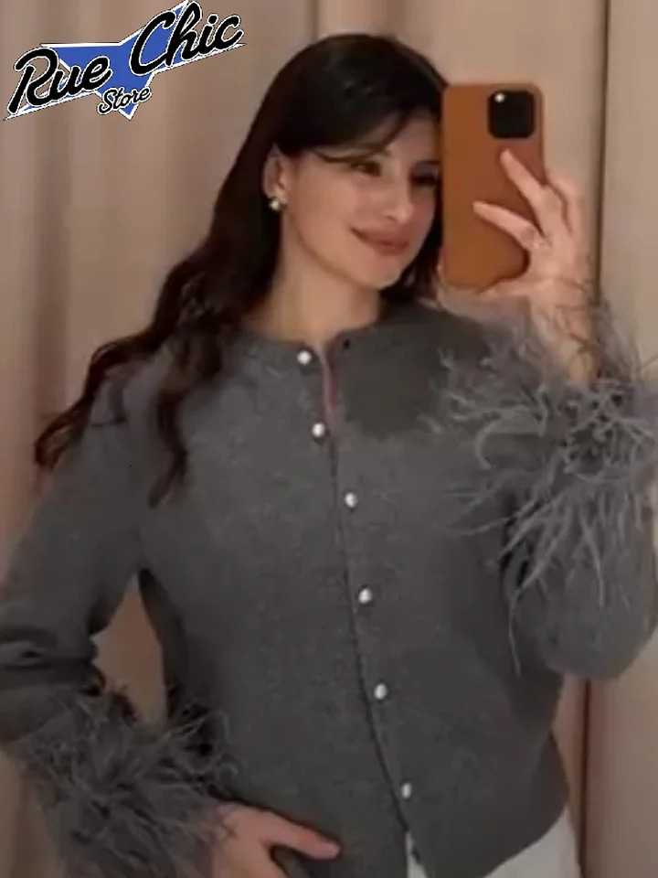 Elegant A-line Patchwork Short Cardigan Women Trendy Round Neck Feather Full Sleeve Top 2026 Spring Lady Daily Casual Wear 261015