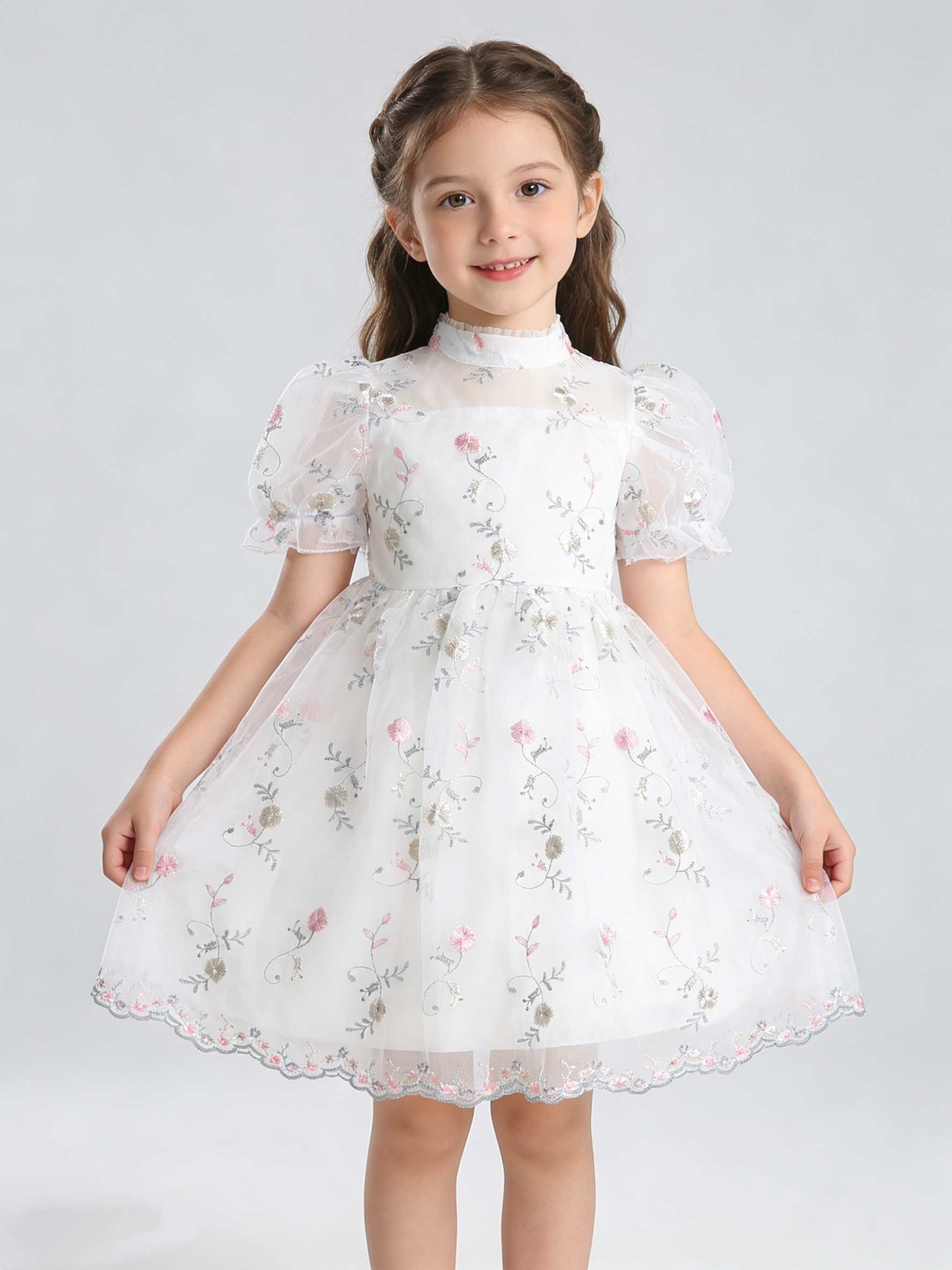 And Spring Summer Girls Flower Embroidery Princess Sleeves Sweet And Cute Hosting Banquet Mesh Dress S261016YN75