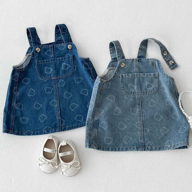 Spring 2025 Baby Girl New Sleeveless Strap Dress Kids Girls Cute Pocket Jean Dress Infant Denim Full Bear Printed Summer Dresses S261016ULJQ
