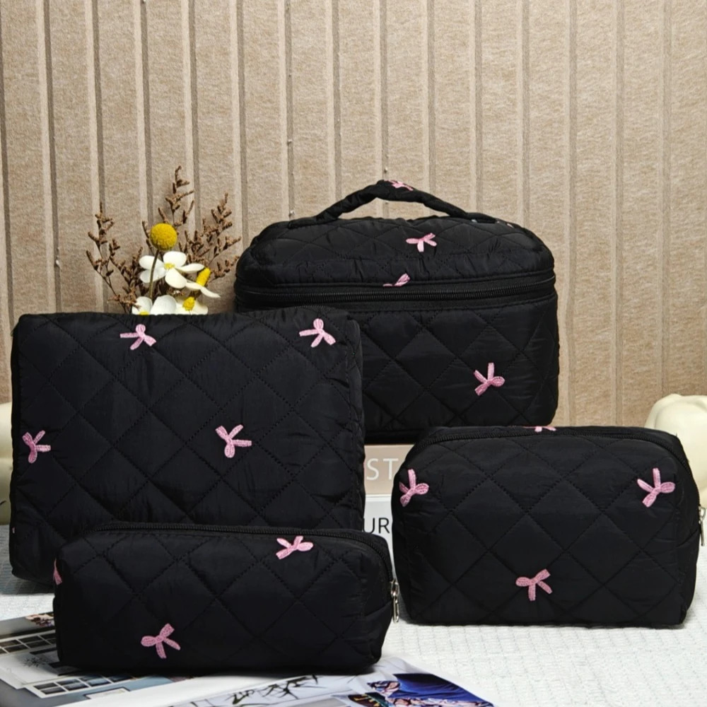 Black Portable Makeup Bag Large Capacity Pink Bow Quilting Cosmetic Pouch Handbag Ladies Travel Toiletry Storage Women 2025 261009
