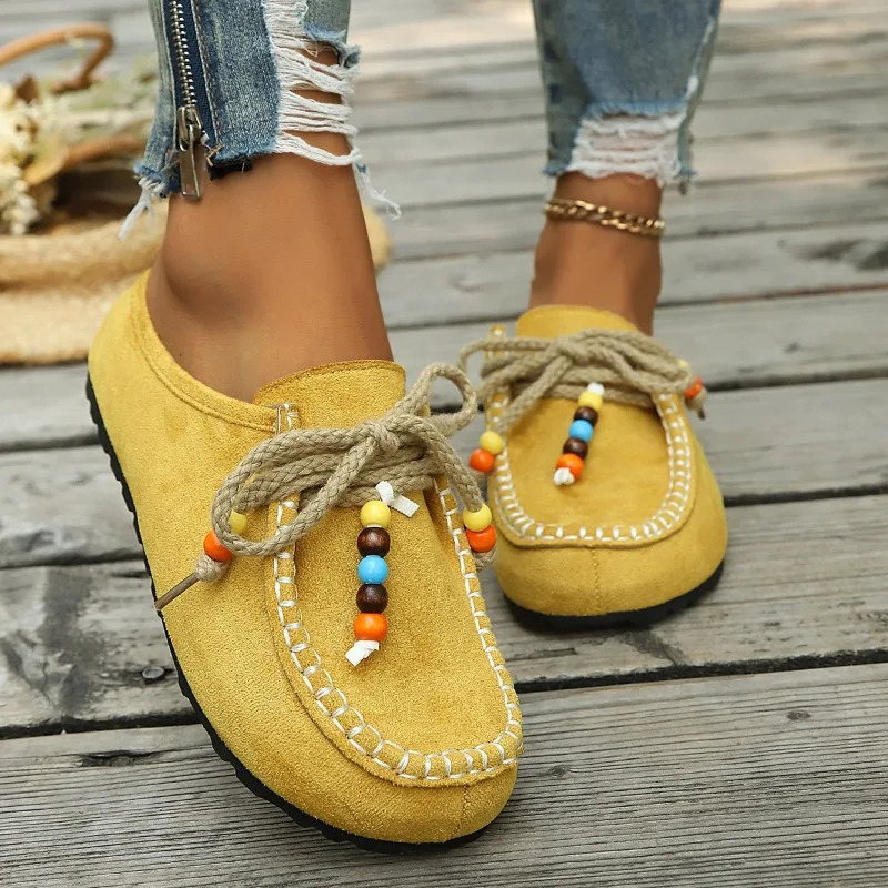 Women's Slip-On Loafers Soft Bottom Suede Leather Ethnic Style Flats Beaded Lace Up Casual Comfortable Footwear Autumn Shoes 261016
