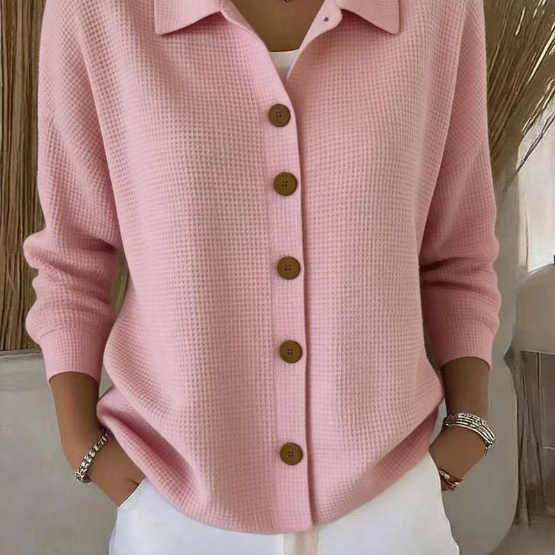 Veste de chemise boutonnée en tricot gaufré pour femmes, couleur unie, col à revers, coupe ample décontractée, hauts d'automne et d'hiver