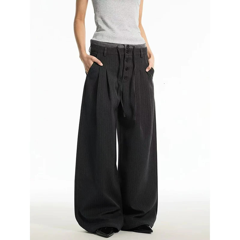 YIBASHU Women Dark Grey Striped Baggy Suit Pants Y2k Wide Leg Harajuku Long Grunge Vintage 2000s Trousers Autumn 261015