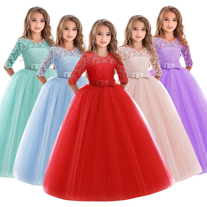 Girl Teen Elegant Princess Lace Wedding Dress Bridesmaid Kids Flower Dresses For Girls Vintage Children Christmas Party Red Gown S261016HXEP