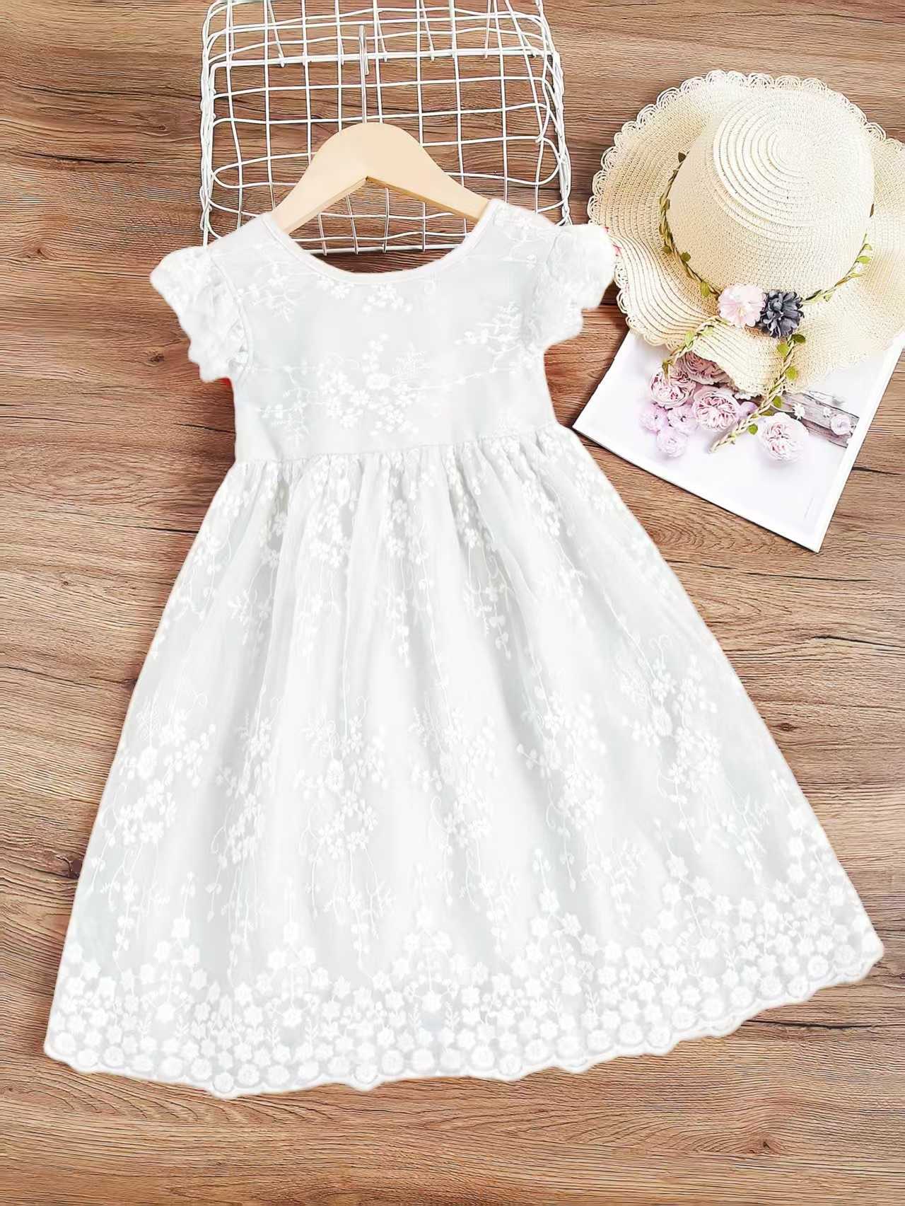 Girl's New Solid Lace Flower Flying Sleeves Bow Zipper Fashionable Princess Dress Summer Ladies Romantic Dress Without Belt S261016AJ7U