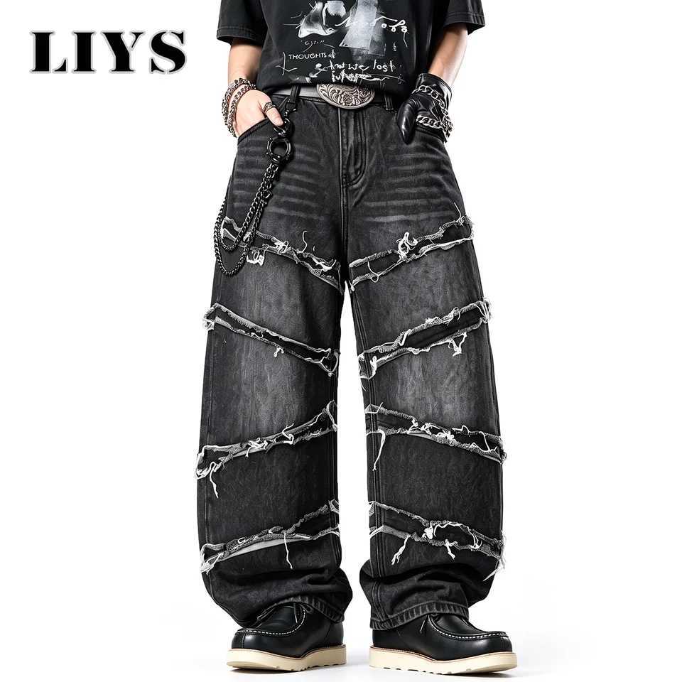 Men's Jeans LIYS Men's Gothic Baggy Jeans Raw Frayed Edge Deconstructed Patchwork Wide Leg Denim Pants Y2K Punk Streetwear Trousers T26101