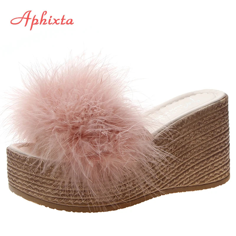Aphixta 9cm Heels Slides Women's Shoes Woman Slippers Faux Fur Slides Wedge Platform Women Shoes Beach Sandals Zapatos Mujer 261016