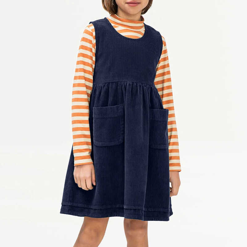 Back Chic Bow Tie Corduroy Dress for Girls Solid Color 2025 Autumn Winter New Retro Ruched Sleeveless Dresses with Pockets S2610167Q27
