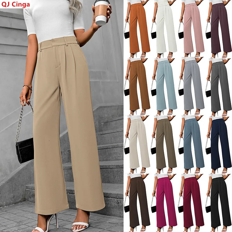 Women's High-waisted Wide-leg Pants for Spring and Fall; Solid-color Pants in A Commuter Style Black White Blue Red Brown Gray. 261015