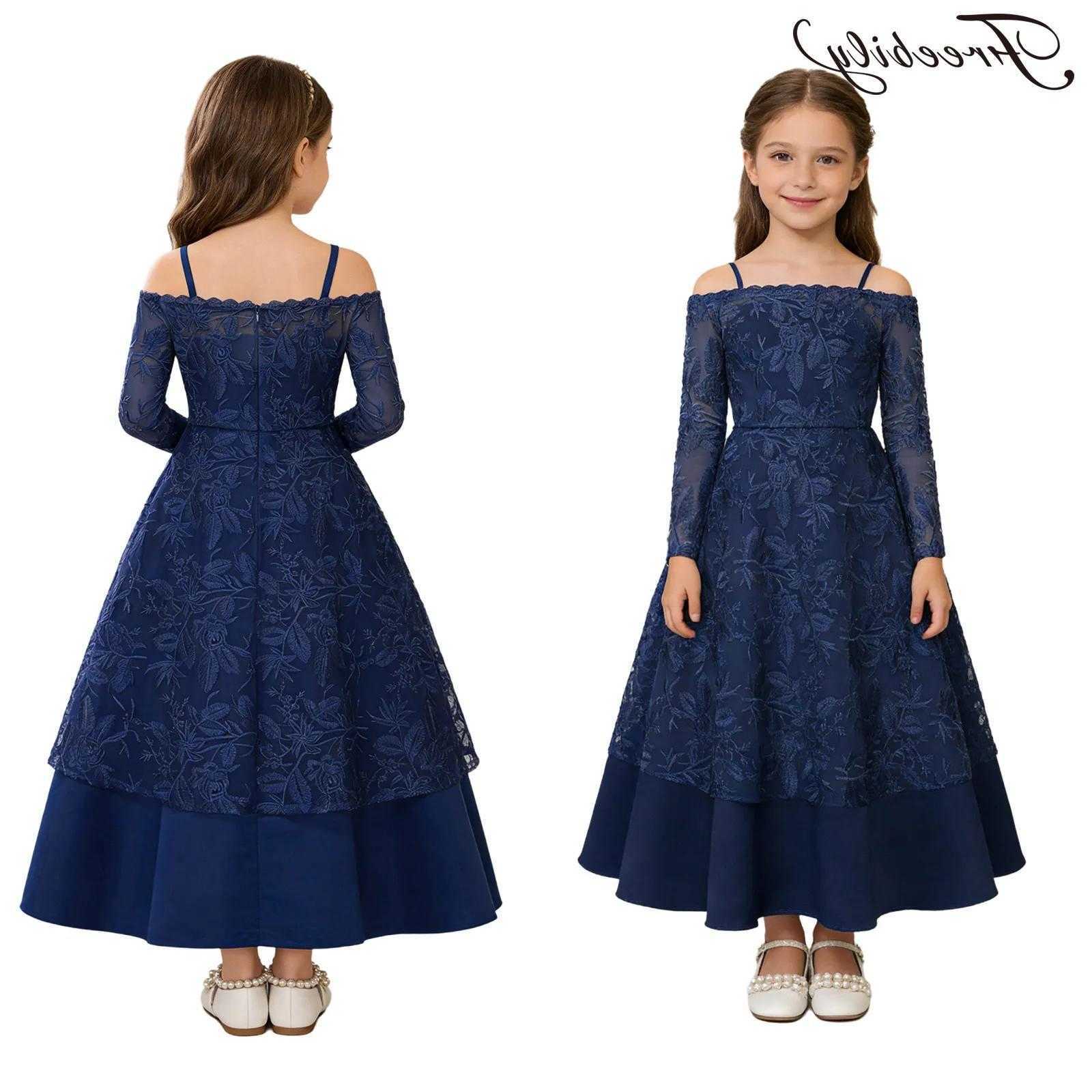 Girls Kids Bridesmaid Flower Girl Dress Embroidered Lace Cold Shoulder Maxi Dresses Gown for Wedding Birthday Pageant Party S261016COSM