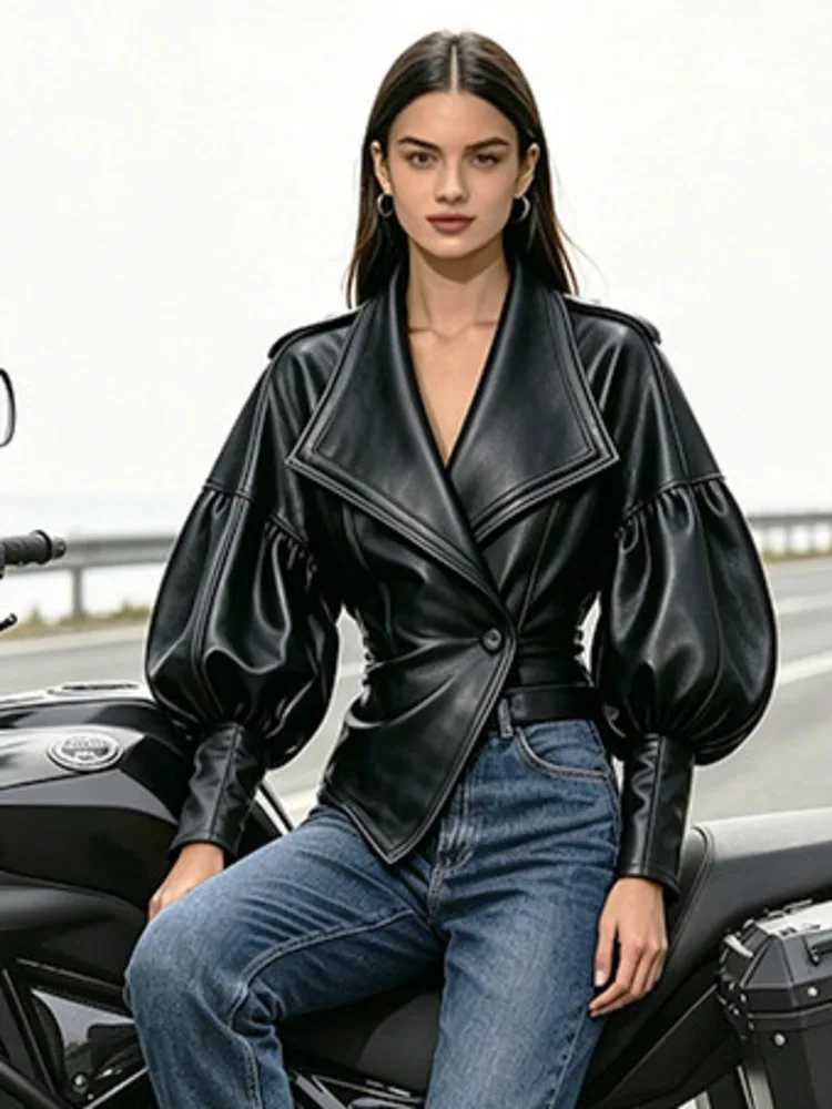 Leather Men's Jackets SHENGPALAE Women Jacket Wide Lapel Puff Sleeve Cinched Biker Streetwear Elegant Retro Ruched Fit Autumn 2026 New N261016
