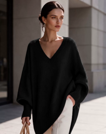 Designer Women's Long Sleeve V Neck Loose Knit Sweater Solid Color Pullover Top Fall Winter Casual Jumper