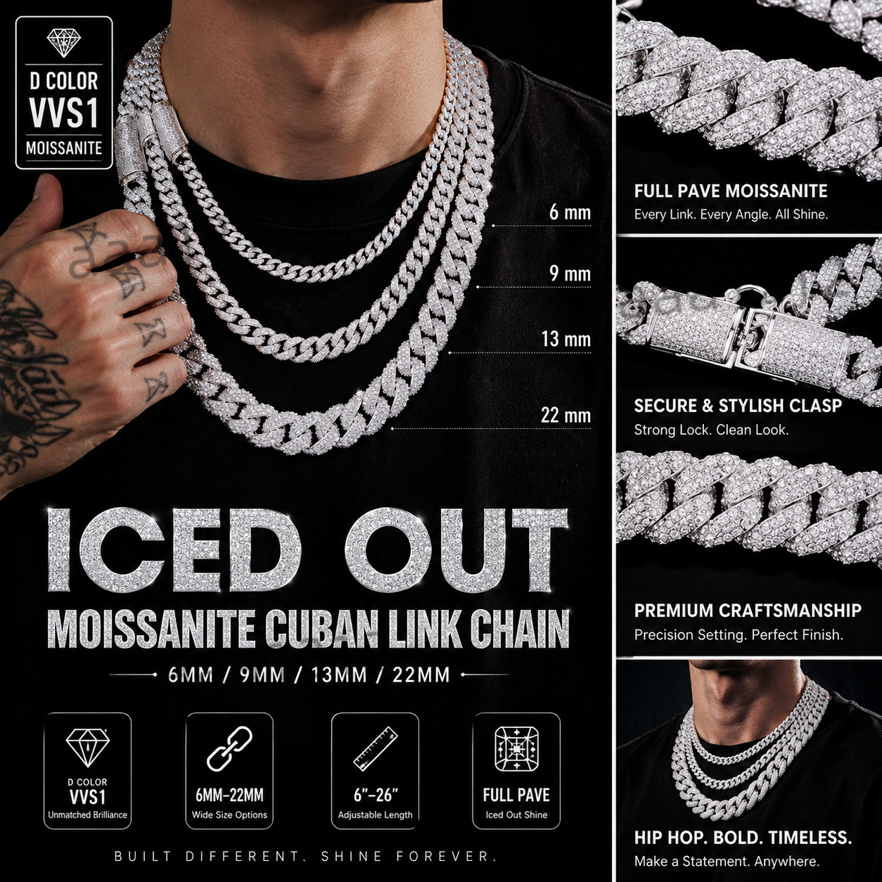 Iced Out Cuban Link Chain Full Pave Moissanite D Color VVS1 6-22mm Hip Hop Men's Bold Box Clasp Statement Wholesale Gift Jewelry