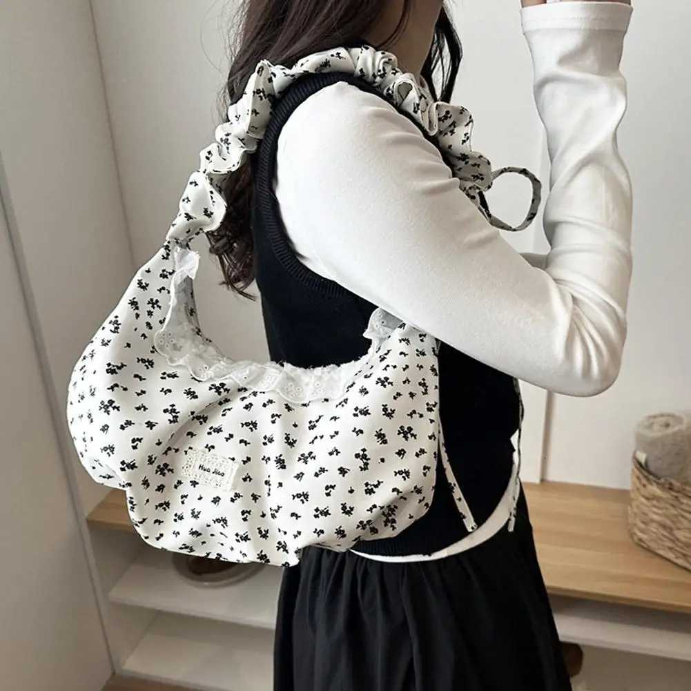 Evening Bags Floral Shoulder Bag Korean Style Vintage Ruffle Lace Underarm Bag Ruched Strap Hobo Bag Large Capacity Casual Commute Handbag H261016