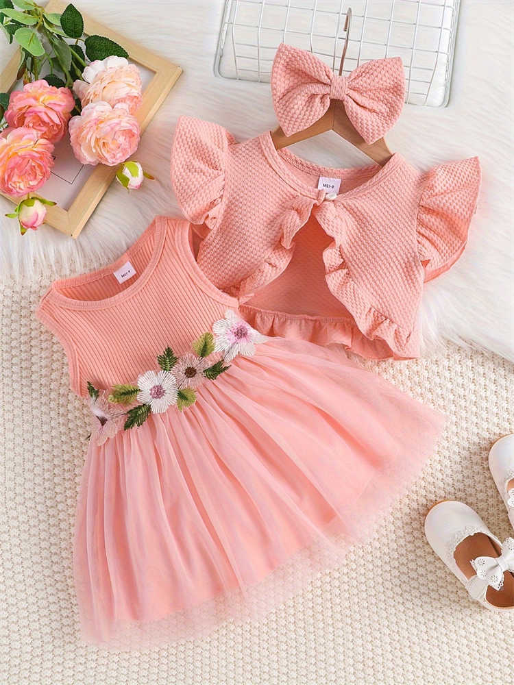 2024 Newborn Baby Girls Dress Summer Waist Flower Vest Sleeveless Short Top Sweet Girl Le Mesh Dress S261016JWCR