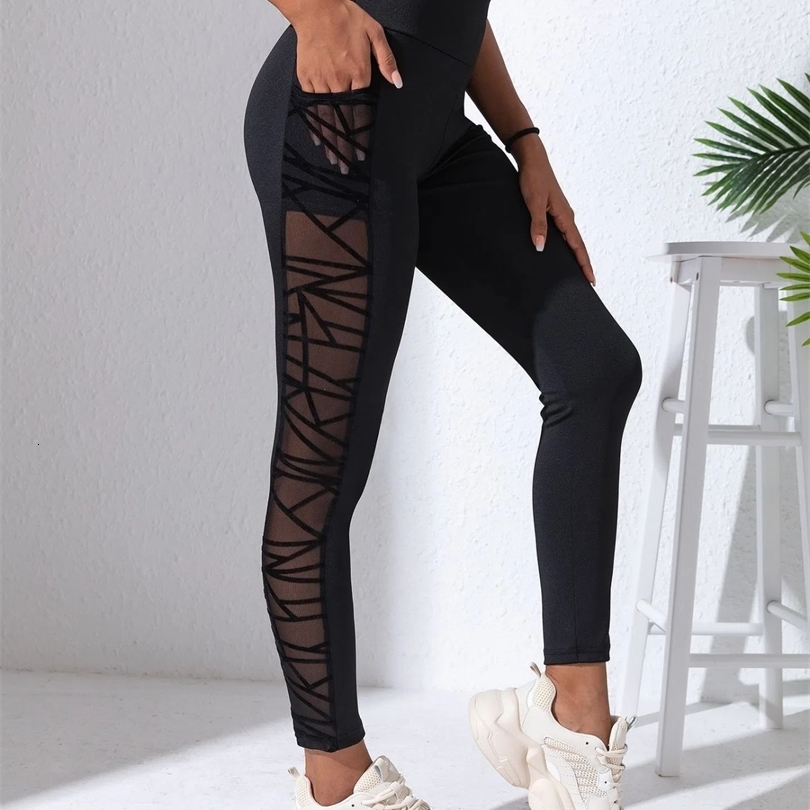 Side Mesh Yoga Womens Leggings Black Fabric Patchwork High Waist Soft Comfortable Gym Fitness Sportswear Long Pants 261014