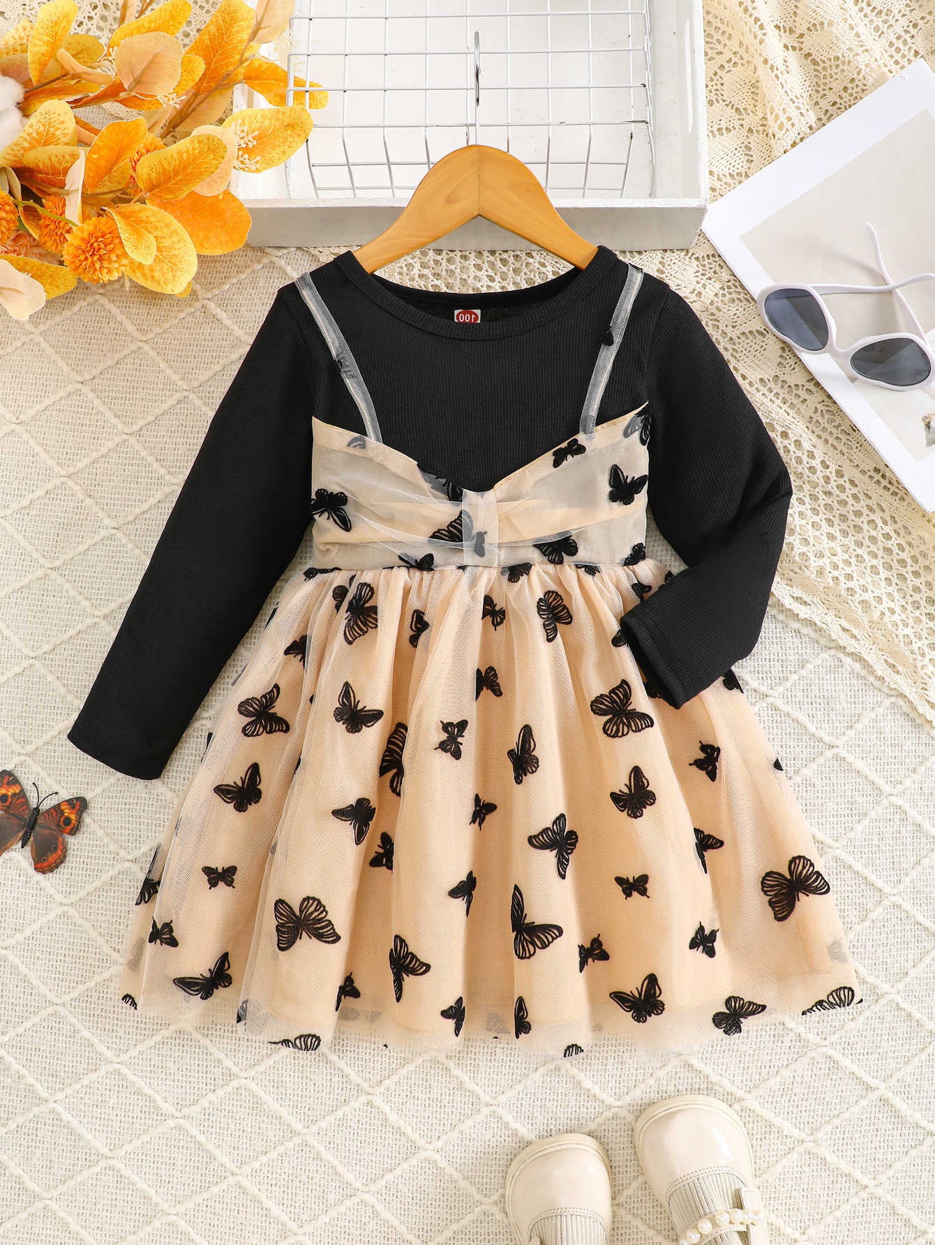 Girls Kids Butterfly Print Long Sleeve Round Neck Princess Dress Mesh Ribbed Fabric Fake Two-Piece Style Children's Clothing S261016JBI1