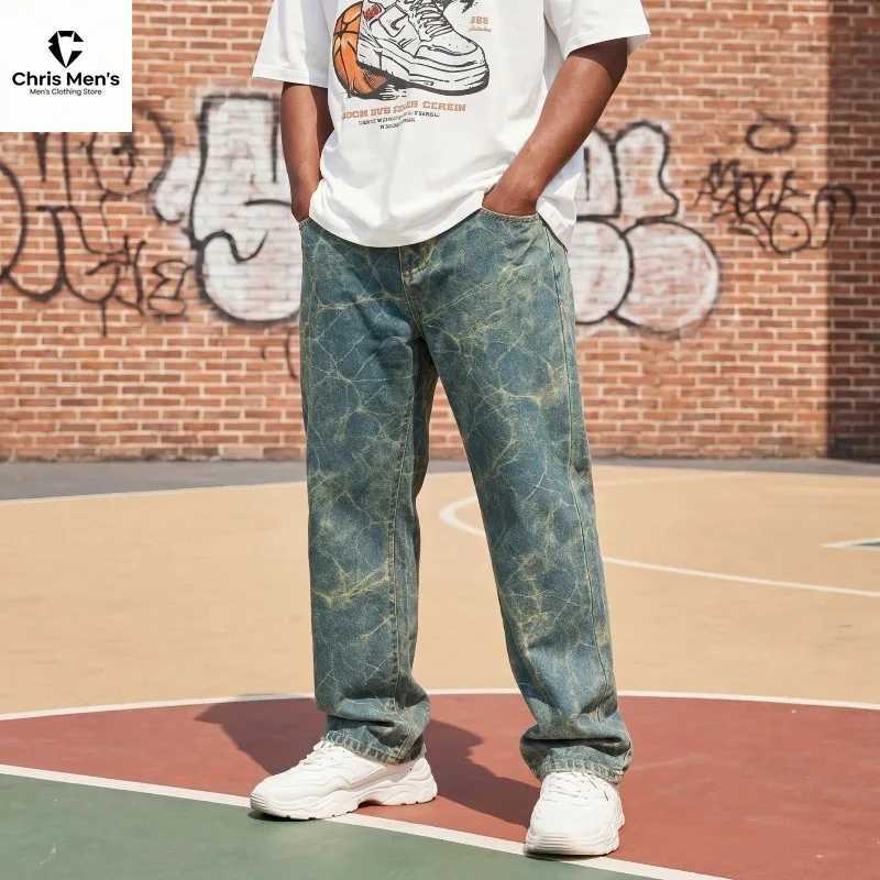 Men's Jeans Men Cracked Texture Washed Baggy Jeans Vintage Distressed Wide Leg Denim Pants American Hip Hop Streetwear Loose Casual TrousersT26