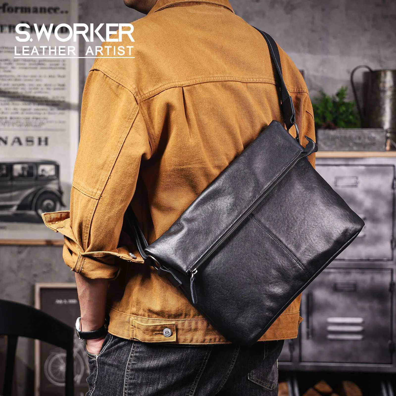 Cross Body Genuine Leather Men's Shoulder Bag Crossbody Laptop Bags Simple Cowhide Top Layer Vegetable-tanned Leather Fashion Casual H261016