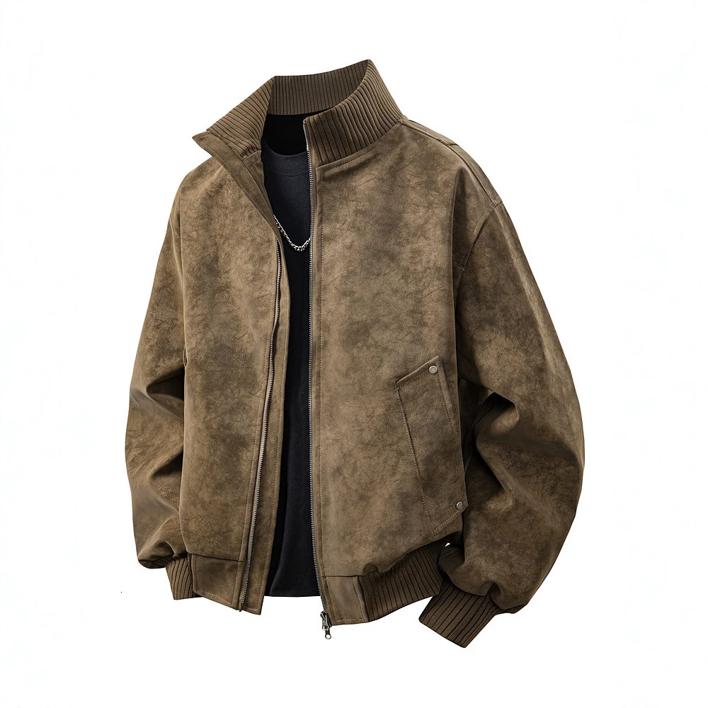 Men's oversized stand-up collar, leather jacket, outerwear, men's loose-fitting, wrinkle-resistant casual jacket 2415