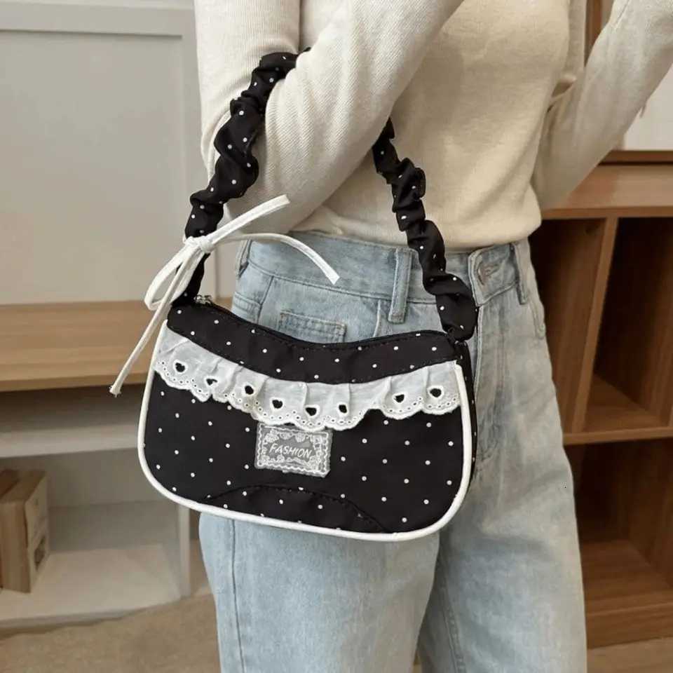 Evening Bags Lace Polka Dot Shoulder Bag Stretchable Strap Large Capacity Pleated Underarm Bag Polyester Multi-Color French Stick Handbag H261016