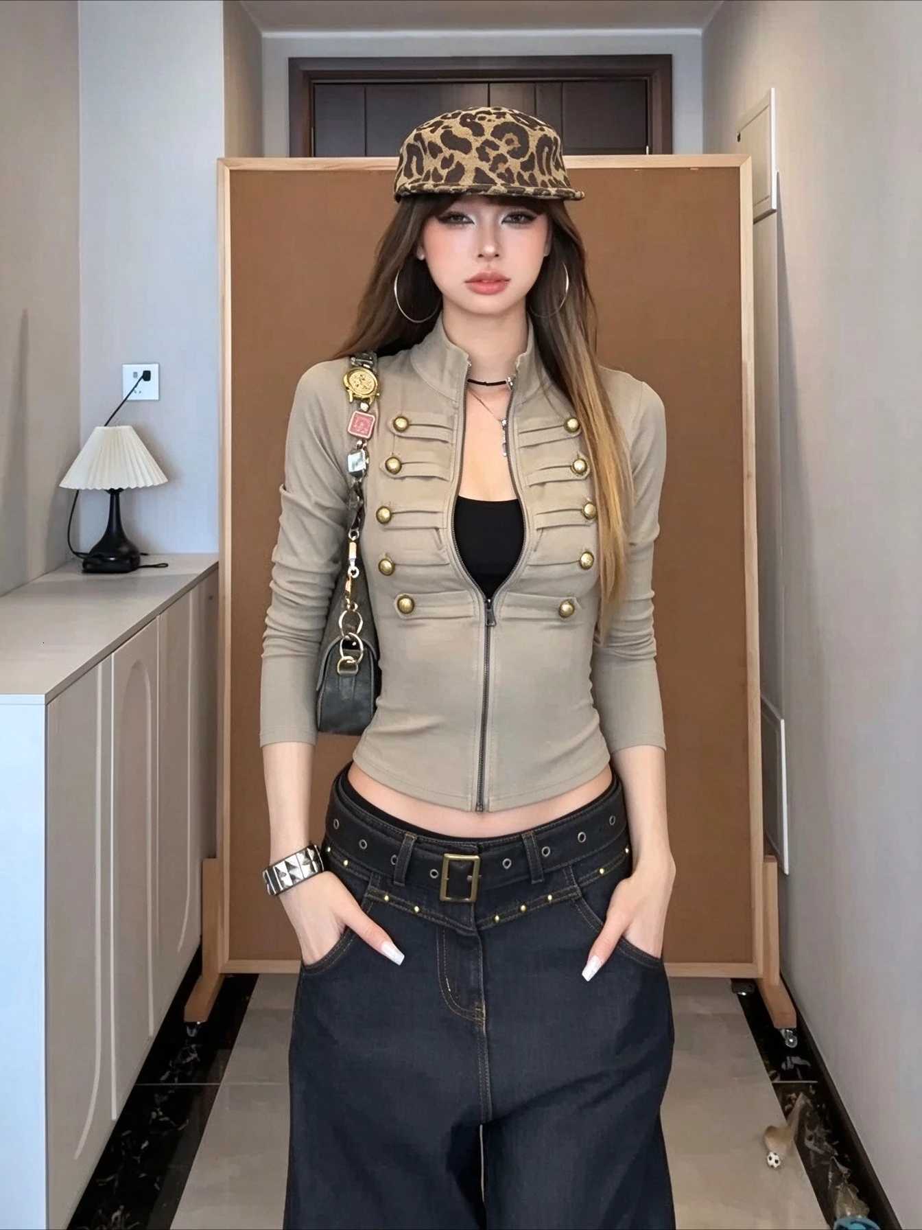 Military Men's Women Jackets HOUZHOU Style Zip Up Jacket Napoleon Slim Fit Long Sleeve Cardigan Autumn Winter Y2K Streetwear Button Top N261016