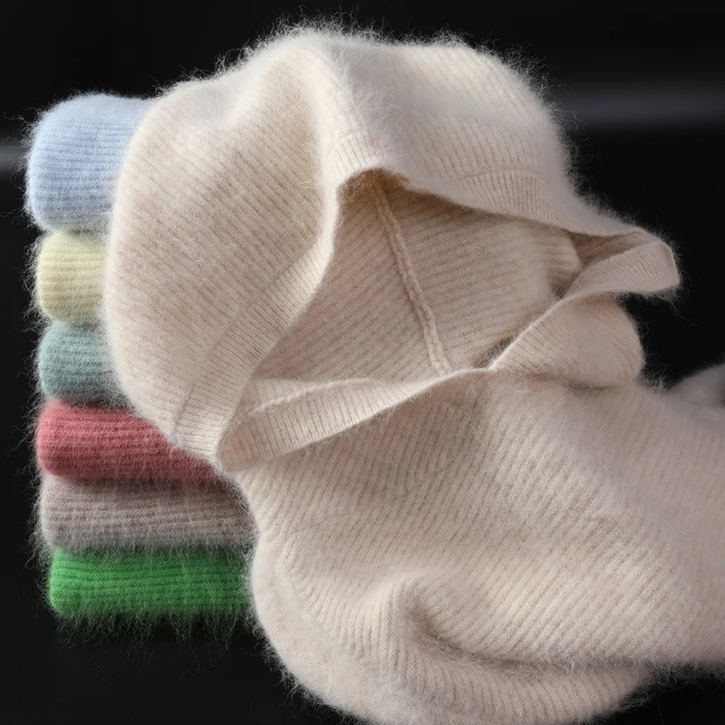 2025 Spring Winter 100Pure Mink Cashmere Sweater Women Knitted Hooded Warm Lady's Grade Up Jumpers and Pullovers Soft Tops 261009
